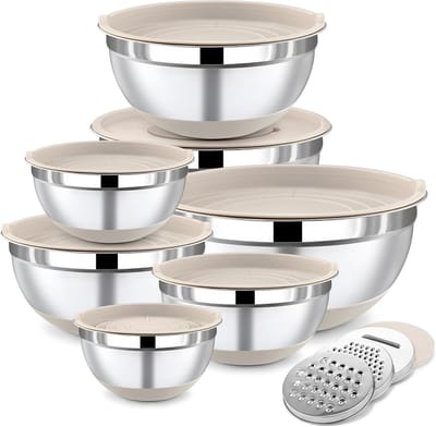 Mixkommen met Deksel Set van 7 Stuks, RVS Mengkommen met Rasp, Nestbare Ontwerp en Kleurrijke Antislip Basis voor Mixen en Serveren