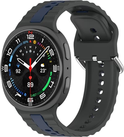 Stravo Siliconen bandje geschikt voor Samsung Galaxy Watch 9/8 - Siliconen Horlogeband met Pin Sluiting en Tweekleurig Design voor Samsung Galaxy Watch 9 (40/44mm) / Watch 8 (40/44mm) / 8 Classic (46mm) - Grijs/blauw