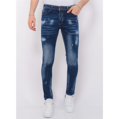Men's Paint Splatter Stonewashed Jeans - Slim Fit -1077- Blauw