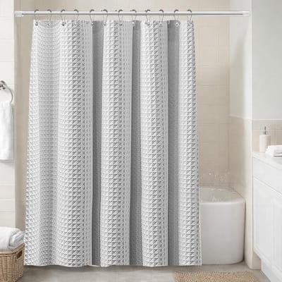 Waterdicht douchegordijn 180 x 200 cm, gestructureerd en schimmelbestendig, inclusief haken en verzwaarde zoom, zilvergrijs