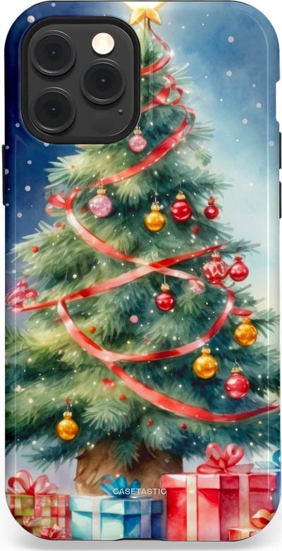 Casetastic hoesje geschikt voor Apple iPhone 12 / Apple iPhone 12 Pro - MagSafe - Dubbellaagse bescherming - Aquarel Kerstboom Cadeau - Fashion Case - Grijs Donkerblauw Saliegroen Beige