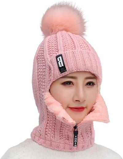 2-in-1 gebreide wintermuts en sjaal set voor dames - Warme beanie met fleece voering, roze - Eén maat