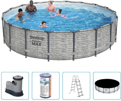 Bestway Steel Pro MAX Zwembad - 549x122 cm - Steenprint - Rond - Met filterpomp + accessoires - Zwembad - Filterpomp - Zwembadtrap - Afdekzeil - Zwembad Opzet