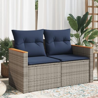 vidaXL - Tuinbank - met - kussens - 2-zits - poly - rattan - grijs
