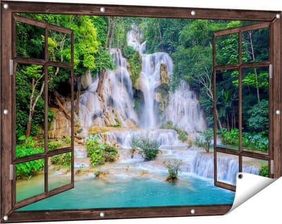 Gards Tuinposter Doorkijk Waterval in het Tropische Natuur - 120x80 cm - Tuindoek - Tuindecoratie - Wanddecoratie buiten - Tuinschilderij
