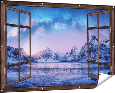 Gards Tuinposter Doorkijk Melkweg bij de Besneeuwde bergen - 150x100 cm - Tuindoek - Tuindecoratie - Wanddecoratie buiten - Tuinschilderij
