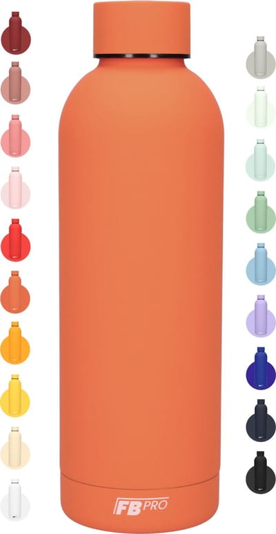 Drinkfles - Dubbelwandige waterfles - Thermosfles - RVS thermos fles - Geschikt voor warme en koude dranken - Extra grip door rubbercoating - 500 ML - Peach