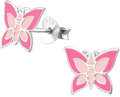 Joy|S - Zilveren vlinder oorbellen - 9 x 8 mm - roze met zacht roze - oorknoppen voor kinderen