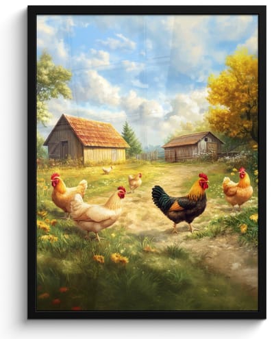 Poster in lijst - Fotolijst 50x70 cm - Posters - Kippen - Landelijke rust - Natuur - Posterlijst zwart - Decoratie - Wanddecoratie woonkamer - Muurdecoratie slaapkamer