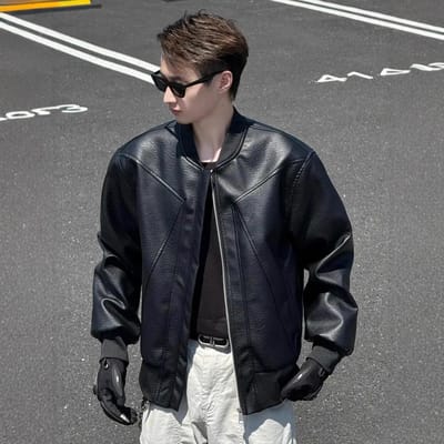 Blouson en cuir noir pour homme à col baseball, beau, court, d'automne, de motard XXXL black