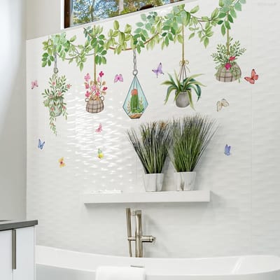 Kleurrijke muurstickers met potplanten en vlinders - Muurstickers met hangende plantenranken, zelfklevend, verwijderbare tropische bladeren, boho natuur muurdecoratie voor woonkamer, slaapkamer en kantoor|Cyslmuk®