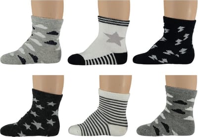 6-pack Baby Sokken Jongens (0-6 maanden) – Stoere Dreumes Sokken met Ster, Wolk & Bliksem Print – Comfortabele Babysokjes – Zachte Katoenmix