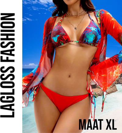 LaGloss® Rode Tye-dye print Bikini Set 3-delig – Met Cover-up – Halter & Striksluiting – Maat XL