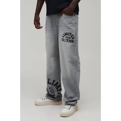 Relaxed Jeans Met Varsity Print En Contrast | Ice Grey | Size 28