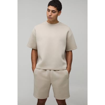 Oversized Boxy Bonded Scuba T-shirt & Ontspannen Short Set | Stone | Size Medium