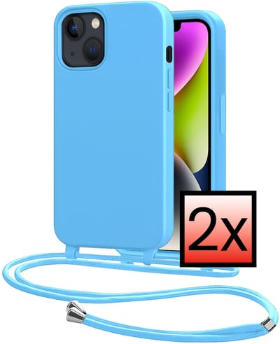 Hoes Geschikt voor iPhone 13 Mini Met Telefoonkoord - Siliconen Hoesje Backcover Met Ketting - Lichtblauw - 2 PACK