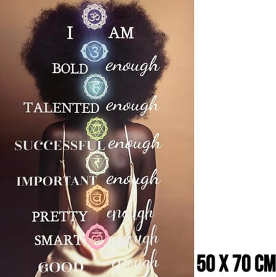 Allernieuwste.nl® Canvas Schilderij Vrouw met Chakra’s – 50 x 70 cm – Inspirerende Affirmaties voor Zelfwaarde en Persoonlijke Groei – Wanddecoratie – Muurdecoratie