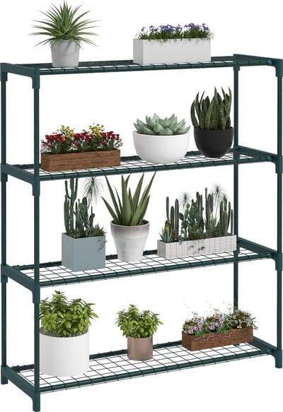 Outsunny Plantenstandaard met 4 niveaus van staal - Plantenrek - Plantensteun - Bloemenrek - Donkergroen