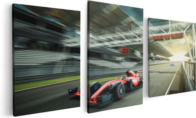 Artaza Canvas Schilderij Drieluik Formule 1 Auto bij de Finish in het Rood - 120x60 - Foto Op Canvas - Canvas Print