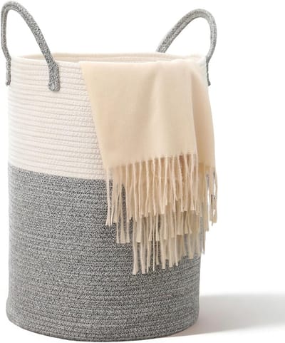 Gevlochten wasmand met handvat, ronde opbergmand voor dekens en speelgoed, 38 x 50 cm, ideaal voor woonkamer of wasruimte (wit-grijs-bruin)