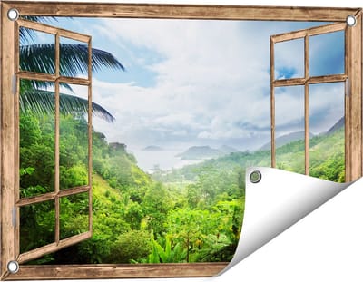Gards Tuinposter Doorkijk Jungle Uitzicht op de Seychellen - 60x40 cm - Tuindoek - Tuindecoratie - Wanddecoratie buiten - Tuinschilderij