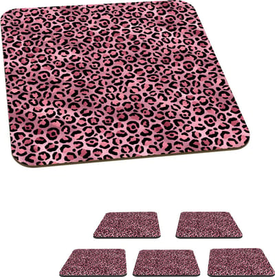 Onderzetters voor glazen - Panter - Roze - Dierenprint - Patronen - 10x10 cm - Glasonderzetters - 6 stuks