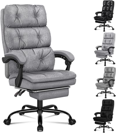 Dubbel Laags Bureaustoel - 150° Kantelbare Hoge Rugleuning - 360° Draaistoel Met Voetensteun - Ergonomische Computerstoel - Stoffen Uitvoering - Grijs
