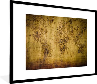 Poster in lijst - Fotolijst 80x60 cm - Posters - Wereldkaart - Bruin - Vintage - Posterlijst zwart - Decoratie - Wanddecoratie woonkamer - Muurdecoratie slaapkamer