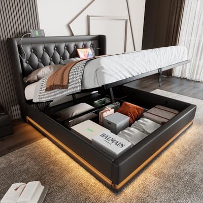 Sweiko Zacht Kussenbed Eenpersoonsbed 140x200 cm, Zwart PU Materiaal Hydraulisch Opbergbed, Zacht kussenhoofd met USB Type-C oplaadfunctie, 3-zijdige LED Functie (Geen matras)