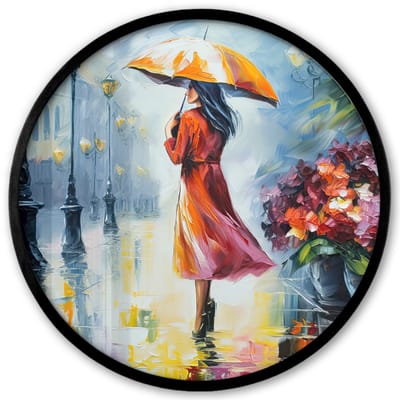 Poster in lijst Rond - Fotolijst 40x40 cm - Posters - Olieverf - Paraplu - Vrouw - Straat - Kunst - Ronde posterlijst zwart - Decoratie - Wanddecoratie woonkamer - Muurdecoratie slaapkamer