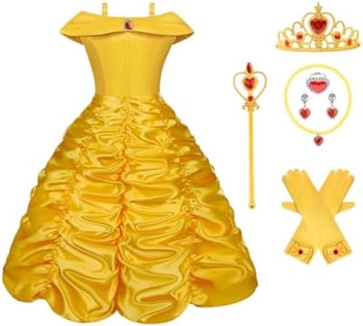 Prinsessenkostuum meisjes - IJskoningin jurk met diadeem, toverstaf en accessoires - Geel carnavalskostuum voor feesten en themapartijen
