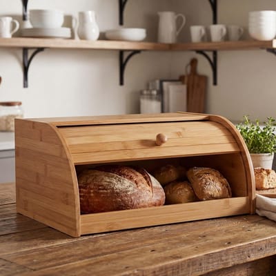 Broodtrommel Bamboe - Broodmand Keuken - Brood Vers Houden - Bovenkant Als Plank - 17x40x28 cm - Beige