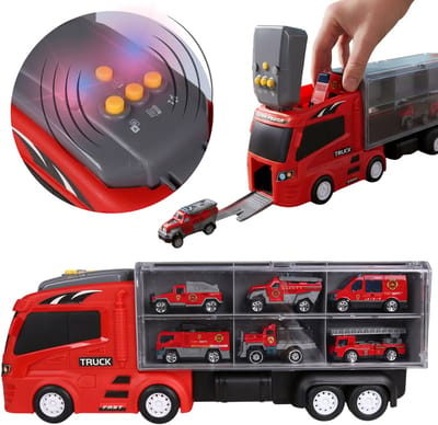 Vrachtwagen TRANSPORTER met 6 auto's + accessoires, AUTOTRANSPORTER voor kinderen LICHT GELUID 3+ MEGA CREATIVE