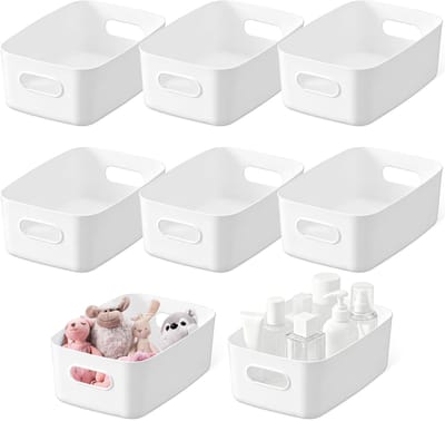 8 stuks kunststof opbergdozen met handgrepen, 25 x 16,5 x 10 cm, keukenopbergmand, badkamerorganizer, keukenkast, manden, rek, kunststof doos, witte opbergdozen