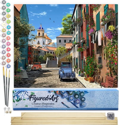 Figured'Art Schilderen op Nummer Volwassenen canvas Steegje en 2 CV - Handwerk acrylverf Kit DIY Compleet - 40x50cm met DIY houten lijst
