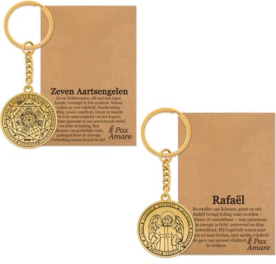 Aartsengel Rafaël Sleutelhanger Bundel - Goudkleurig - Set van 2 Beschermengel Sleutelhangers - Spiritueel Medaillon - Pax Amare