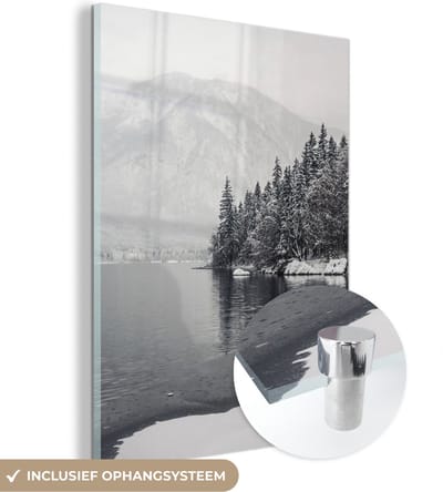 MuchoWow® Glasschilderij 30x40 cm - Schilderij acrylglas - Water - Winter - Natuur - Dennenboom - Foto op glas - Schilderijen
