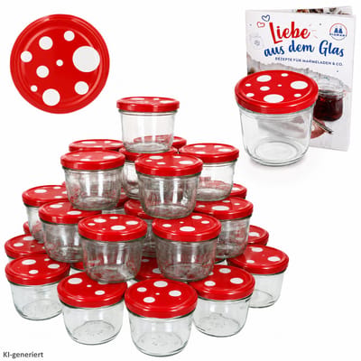 Set van 100 bekers 230 ml To 82 paddenstoeldeksel rood wit gestippeld incl. Diamant Gelierzauber receptenboekje