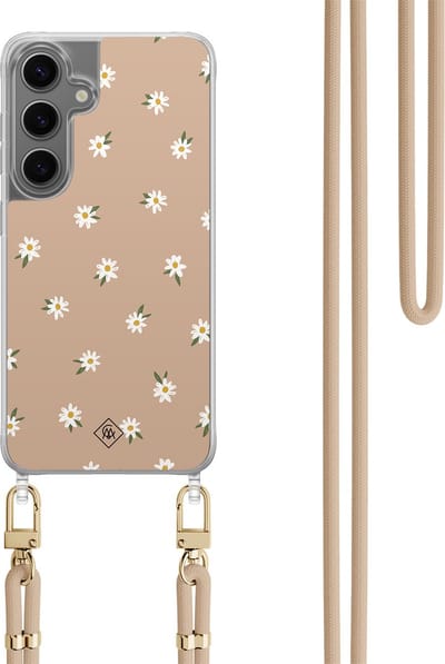 Casimoda® hoesje met koord - Geschikt voor Samsung S24 - Sweet Daisies - Afneembaar koord - TPU/polycarbonaat - Bruin/beige