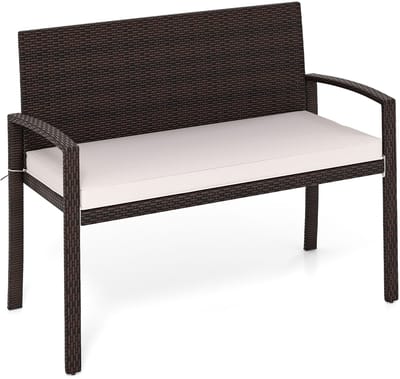 COSTWAY Polyrotan tuinbank met zitkussen, balkonbank, weerbestendig, 2-zits rotan zitbank tot 360 kg belastbaar, terrasbank voor tuin, balkon en terras, 110 x 56 x 84 cm (beige)