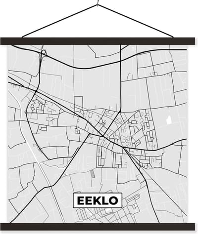Posterhanger incl. Poster 60x60 cm - Schoolplaat - Zwart Wit – België – Plattegrond – Stadskaart – Kaart – Eeklo - Textielposter - Zwarte latten - Stadskaart