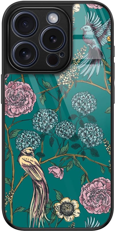 Hoesje geschikt voor iPhone 15 Pro - Vogels Japanse bloemen - Luxe Hard Case - Print - Groen - Mooie Telefoonhoesjes