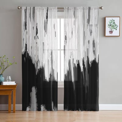 Zwart Olieverf Abstract Geometrische Textuur Voile Transparante Gordijnen Woonkamer Raam Tule Gordijn Keuken Slaapkamer Huisdecoratie 135W x 114H(cm) black
