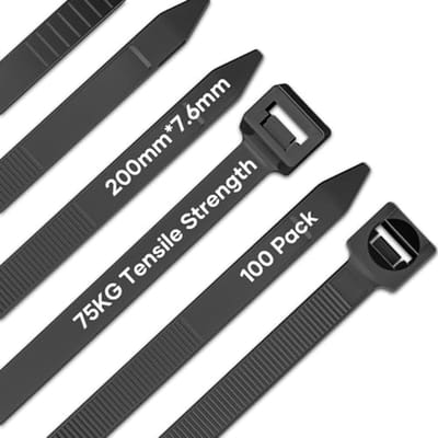 100 Stuks Kabelbinders Zwart 200mm x 7,6mm, UV-Bestendig Met 75KG Treksterkte - Perfect Voor Kabelmanagement en Tuinieren