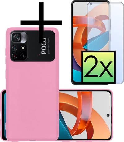 Hoesje - Met 2x Screenprotector - Geschikt voor Xiaomi Poco M4 Pro 5G - Sterk & Shockproof - Back Cover - Siliconen Case - Telefoon Hoes - Lichtroze