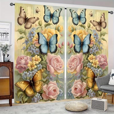 2 stuks Pastorale Bloemen Vlinder Bedrukt Transparante Gordijnen, Woonkamer Speelkamer Slaapkamer Multi-scene Polyester Tunnelzak Deco 2x50W130H(CM)&hook