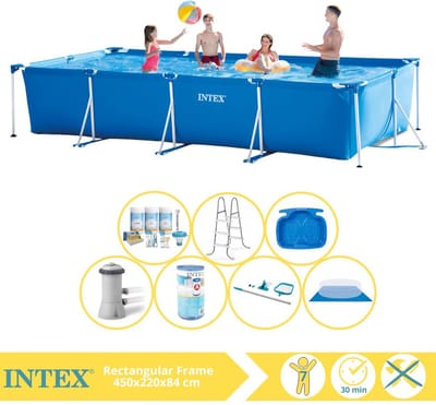 Intex Rechthoekig Frame Zwembad - 450 x 220 x 84 cm - Blauw - Inclusief Onderhoudspakket - Zwembadfilterpomp - Filter - Grondzeil - Schoonmaakset - Ladder - Voetenbad - 8-delig