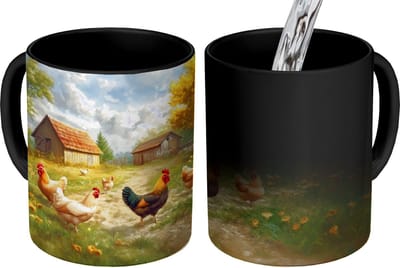 Magische Mok - Foto op Warmte Mokken - Koffiemok - Kippen - Landelijke rust - Natuur - Magic Mok - Beker - 350 ML - Theemok