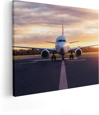 Artaza Canvas Schilderij Zonsondergang - 50x40 cm - Wanddecoratie Vliegtuig - Muurdecoratie Luchthaven - Schilderijen Op Canvas