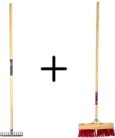 Synx Tools Tuinhark 8 Tanden verzinkt + Nylon Prof Gemeente bezem 45 cm – Harde natuurvezels - Bodembewerkers - Onkruidverwijderaar – Schrobborstels – Hark met steel 150 cm – Buitenbezem met steel 150 cm